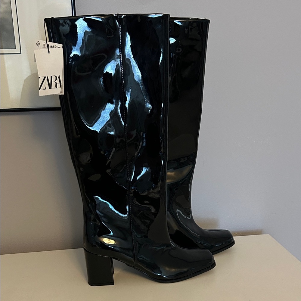 Zara Glossy Black Heeled Boots